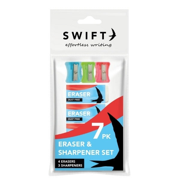 Eraser & Sharpener Set - 7 Piece Assorted Erasers Sharpeners Essential Tools School Stationery