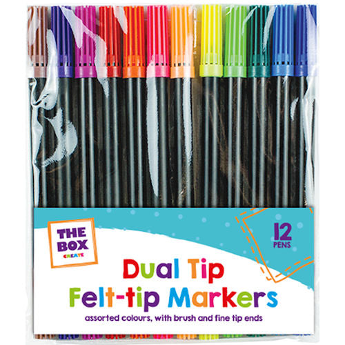 Dual Tip Felt Pens 12 Pack - Assorted Colors Fine and Broad Tip Markers for Drawing, Colouring, and Writing