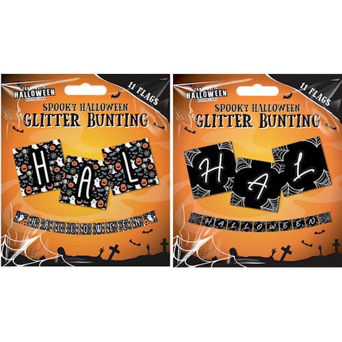 Halloween Glitter Bunting - Assorted Spooky Festive Haunted House Ghost Witch Bat Spider Web Decoration
