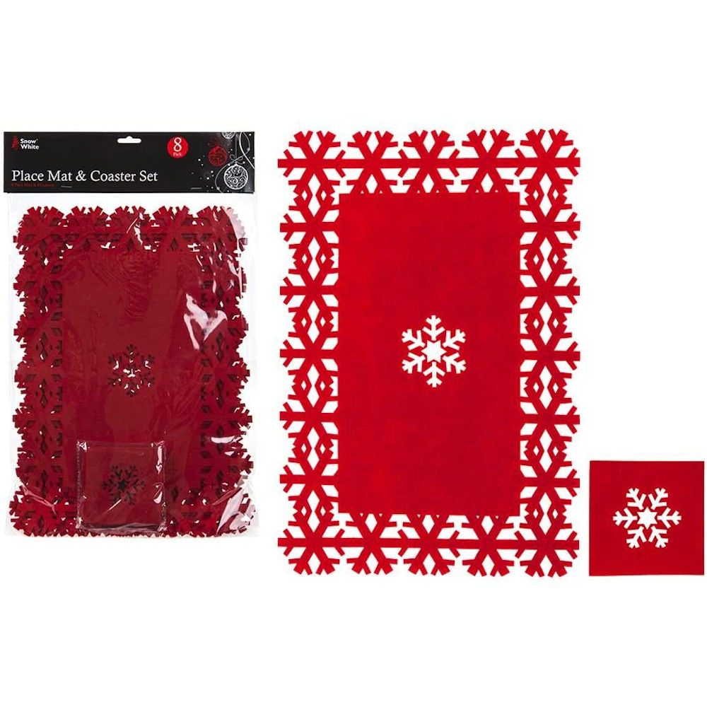 Poly Felt Red Christmas Snowflake Place Mat Set - 4 Piece Festive Holiday Table Decorations Reusable Washable Snowflake Design