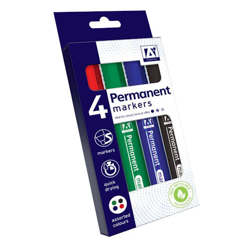 Permanent Markers - 4 Pack Quick Drying Assorted Colours Waterproof Ink Labelling Crafting