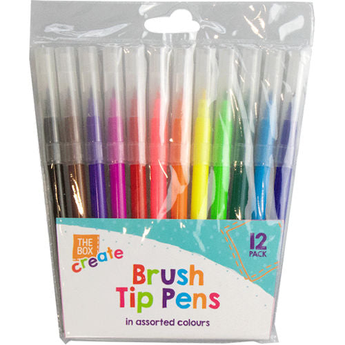 Fibre Tip Brush Pens 12 Pack - Assorted Colour Marker Pens with Flexible Brush Tips for Drawing and Colouring