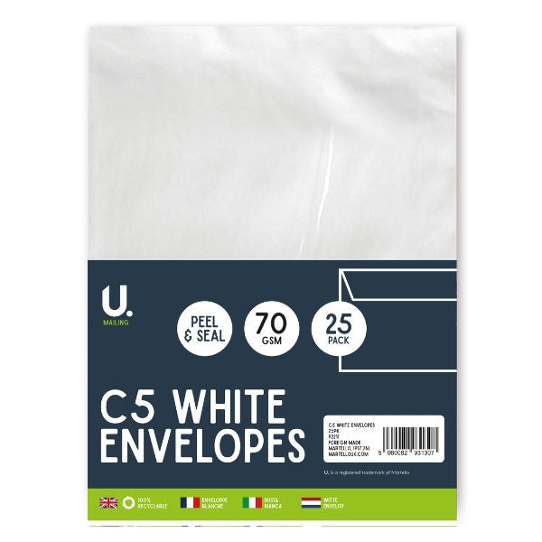 C5 White Envelopes - 25 Pack Peel and Seal Mailing Supplies Office Stationery Document Size