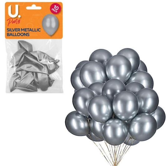 Silver Metallic Balloons - 10 Pack Shiny Silver Finish Parties Celebrations