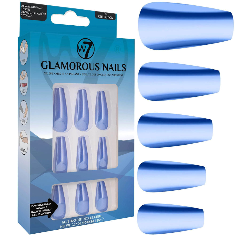 W7 Cosmetics Glamorous False Nails On Reflection - Long Fake Adhesive Included Party Nails