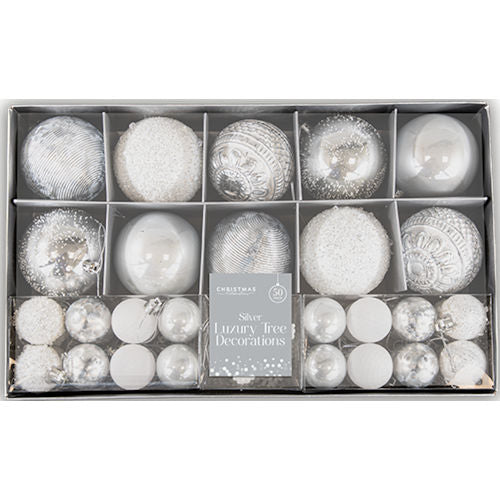 Silver Luxury Tree Decorations Baubles - 50 Pack Elegant Christmas Ornaments Stunning Festive Display