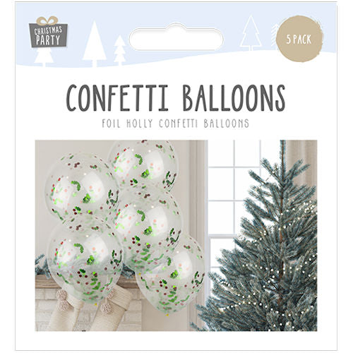 Foil Holly Confetti Balloons - 5 Pack Festive Holiday Party Decoration Celebratory Balloons