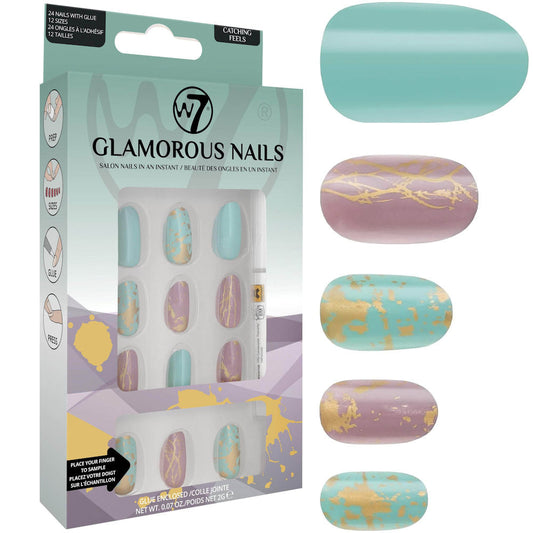 W7 Cosmetics Glamorous False Nails Catching Feels - Long Fake Adhesive Included Party Nails