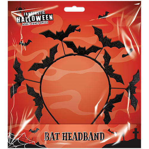 Black Glitter Bat Headband - Festive Holiday Costume Accessory Spooky Haunted House Bats