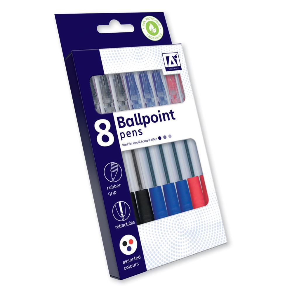 Assorted Rubber Grip Ballpoint Pens - 8 Pack
