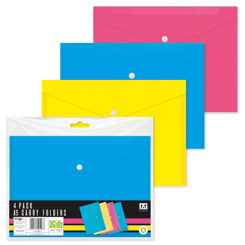 A5 Bright Carry Folders - 4 Pack Assorted Vibrant Colours Organising Transporting Documents Papers