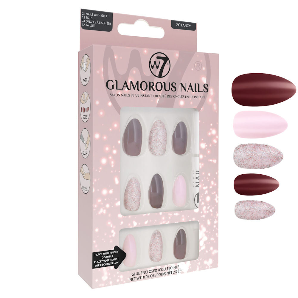 W7 Cosmetics Glamorous False Nails So Fancy - Long Fake Adhesive Included Party Nails