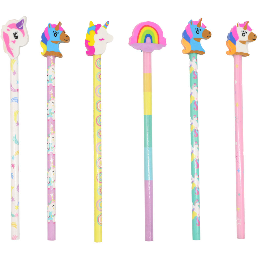 Unicorn Pencils & Erasers 6 Pack - Assorted Novelty Stationery Set for Kids' Creative Fun
