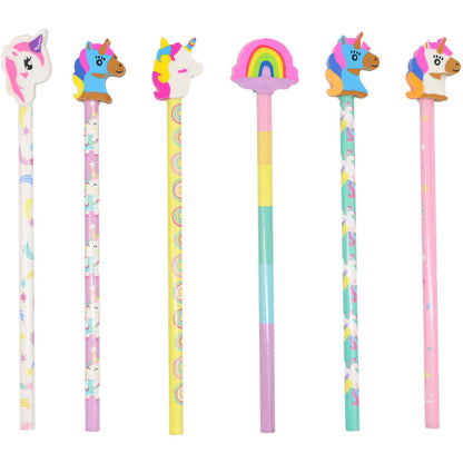 Unicorn Pencils & Erasers 6 Pack - Assorted Novelty Stationery Set for Kids' Creative Fun
