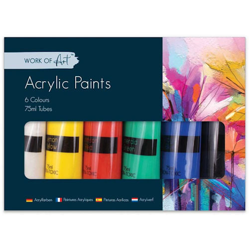 Acrylic Paints - 6 Pack 75ml Tubes Assorted Bright Colours Artist Supplies