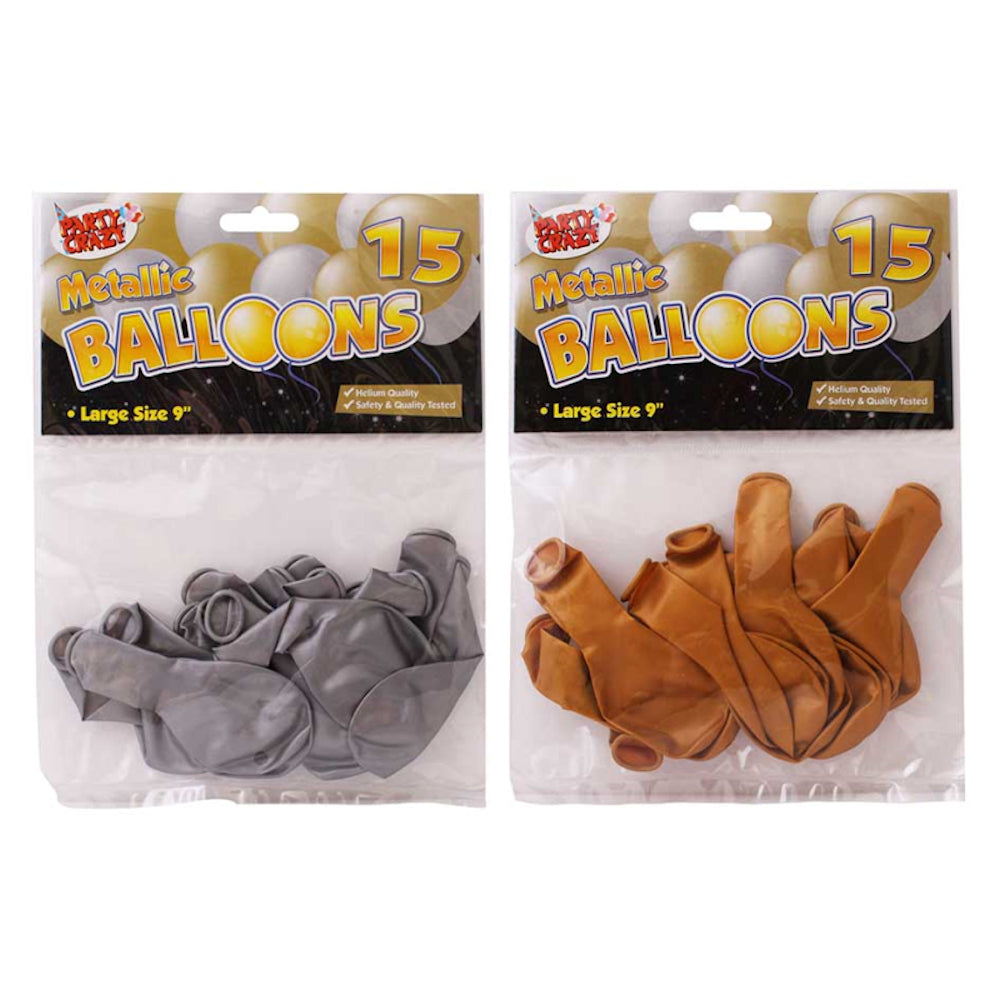 9" Metallic Round Balloons - 15 Pack Assorted Colours Gold Silver Party Decorations Event Supplies