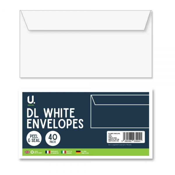 DL White Envelopes - 40 Pack Peel and Seal Office Stationery Mailing Supplies Letter Size