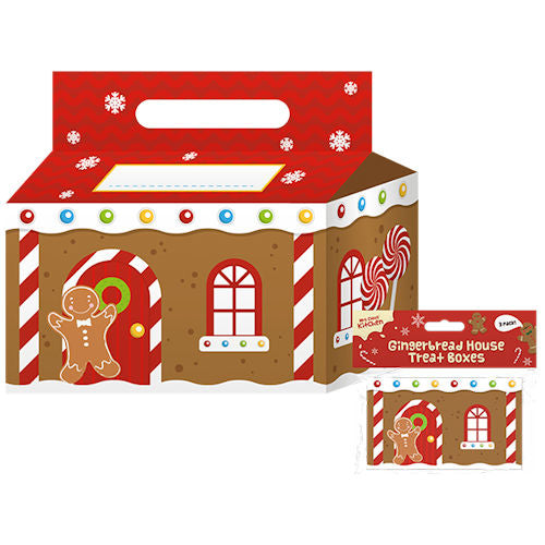 Gingerbread House Treat Boxes - 3 Pack Festive Holiday Party Favour Packaging Christmas Cookie Gift