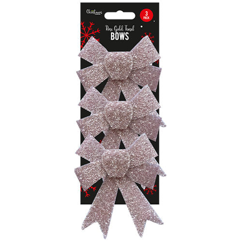 Medium Rose Gold Tinsel Bows - 3 Pack Festive Holiday Decoration Christmas Gift Wrapping Ribbon Bow