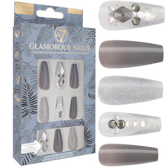 W7 Cosmetics Glamorous False Nails First Frost - Long Fake Adhesive Included Party Nails