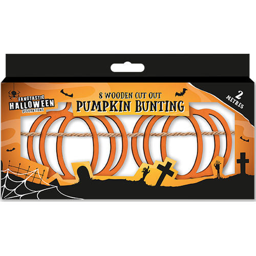 Halloween Wooden Cut Out Pumpkin Bunting - 2m Festive Holiday Party Decoration Spooky Haunted House