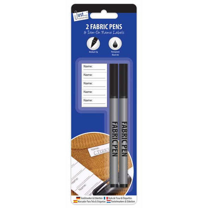 Fabric Pens & Labels - 2 Pack Black Ink Permanent Marker Writing Cloth Name Tags Iron On Medium Tip
