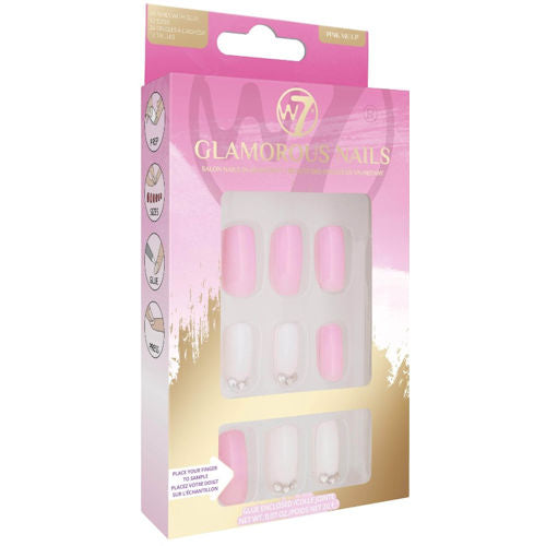W7 Cosmetics Glamorous False Long Fake Nails - Pink Me Up Design Long Lasting Durable Easy Application Manicure Set