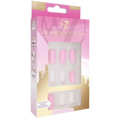 W7 Cosmetics Glamorous False Long Fake Nails - Pink Me Up Design Long Lasting Durable Easy Application Manicure Set