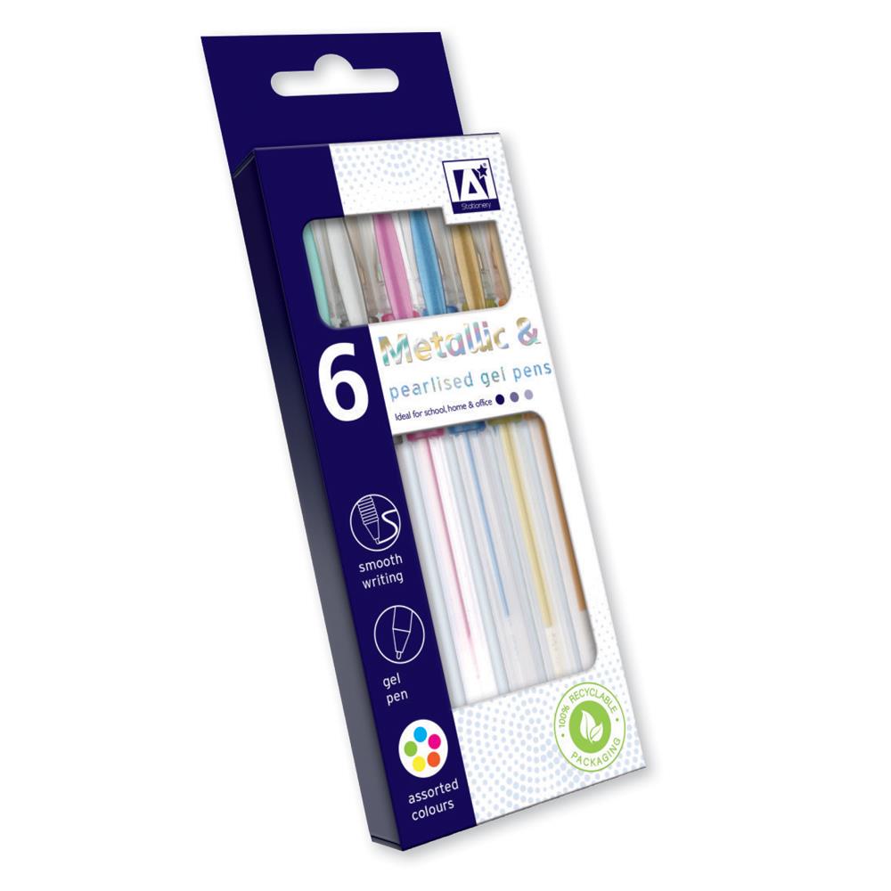 Metallic Pearl Gel Pens - 6 Pack Assorted Colours Shimmery Gel Ink Pens Writing Artistic Expression