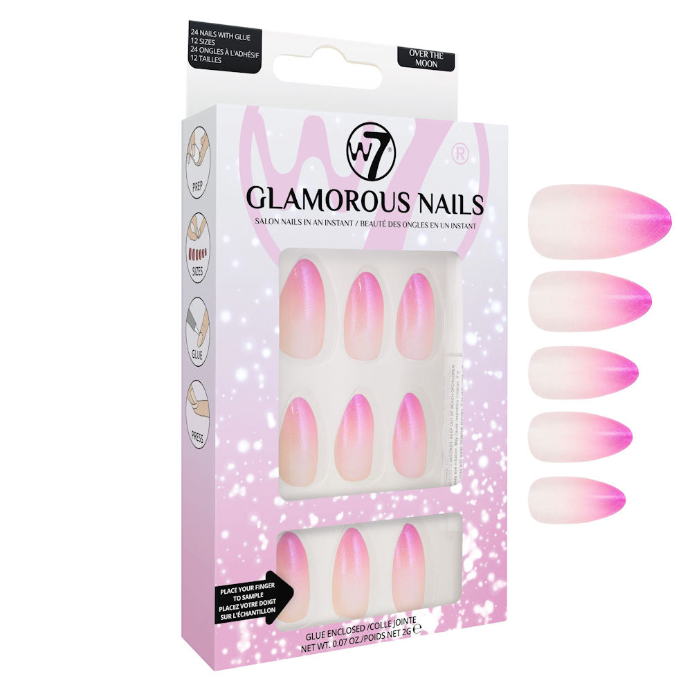 W7 Cosmetics Glamorous False Nails Over The Moon - Long Fake Adhesive Included Party Nails