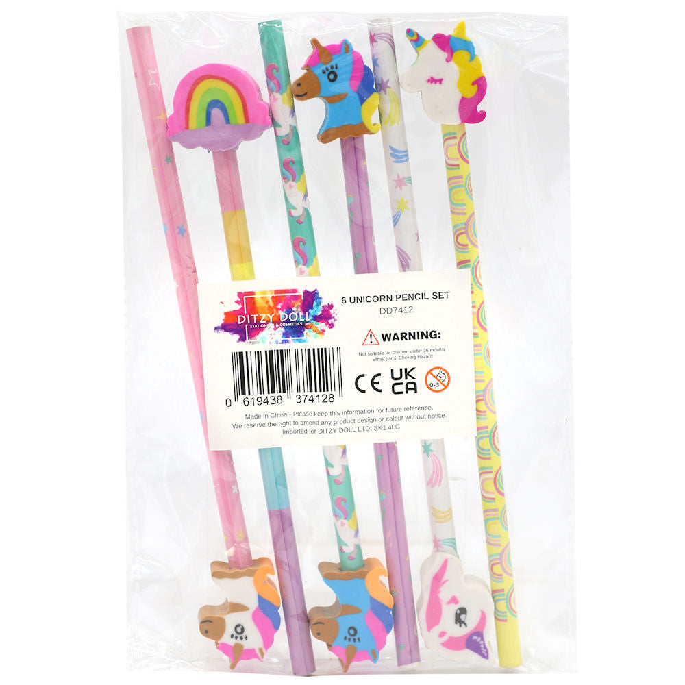 Unicorn Pencils & Erasers 6 Pack - Assorted Novelty Stationery Set for Kids' Creative Fun