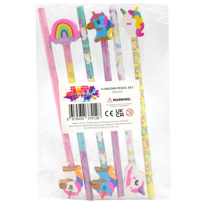 Unicorn Pencils & Erasers 6 Pack - Assorted Novelty Stationery Set for Kids' Creative Fun