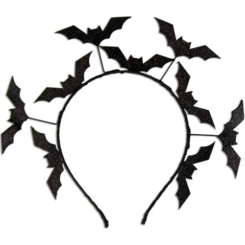 Black Glitter Bat Headband - Festive Holiday Costume Accessory Spooky Haunted House Bats