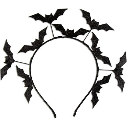 Black Glitter Bat Headband - Festive Holiday Costume Accessory Spooky Haunted House Bats