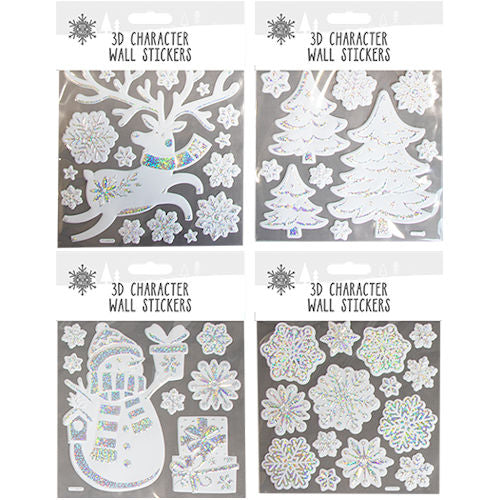 Christmas Silver Holographic Wall Stickers - Assorted Festive Holiday Decoration Santa Claus Reindeer Snowflake