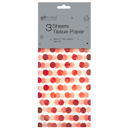 Red Foil Spot Tissue Paper - 3 Sheets 50cm x 70cm Decorative Festive Wrapping Crafting
