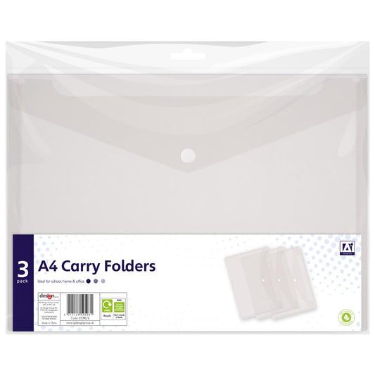 A4 Carry Folders - 3 Pack Clear Transparent Document Organisers Easy Viewing Organising Documents