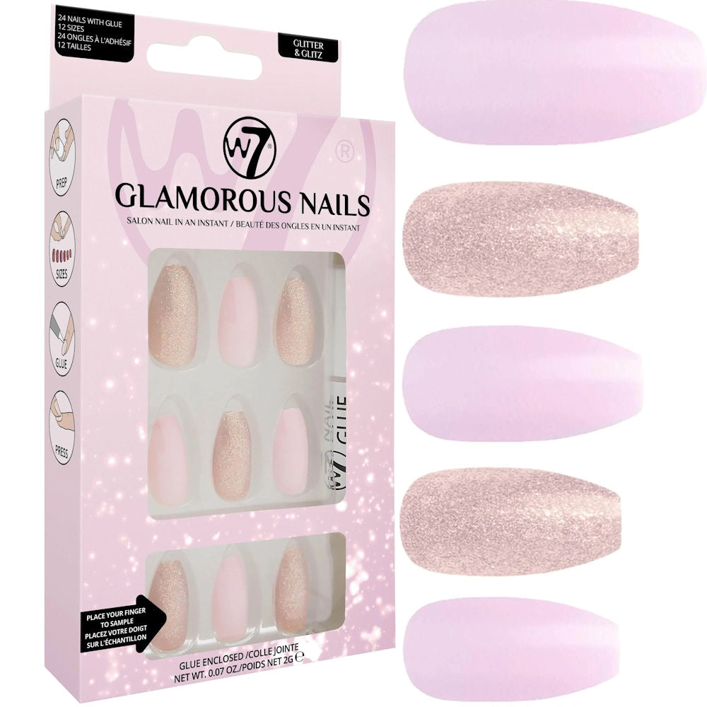 W7 Cosmetics Glamorous False Nails Glitter & Glitz - Long Fake Adhesive Included Party Nails
