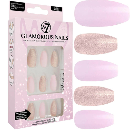 W7 Cosmetics Glamorous False Nails Glitter & Glitz - Long Fake Adhesive Included Party Nails