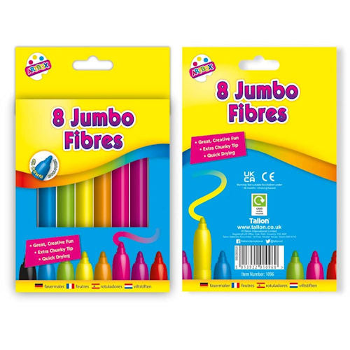 Jumbo Fibre Colouring Pens - 8 Pack Assorted Bright Colours Drawing Art Supplies Quick Drying