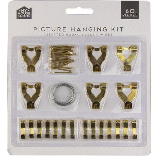 Picture Hanging Kit 60 Piece - Assorted Hooks, Nails, and Wire for Hanging Frames and Artwork