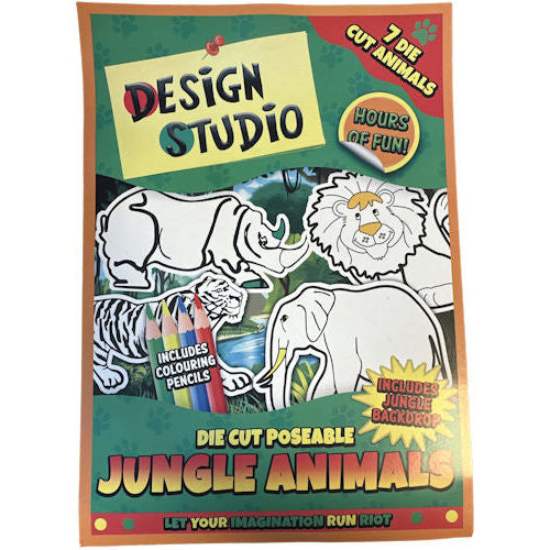 Design Studio Jungle Animals | 7 Die Cuts & Backdrop | 4 Colouring Pencils | Kids